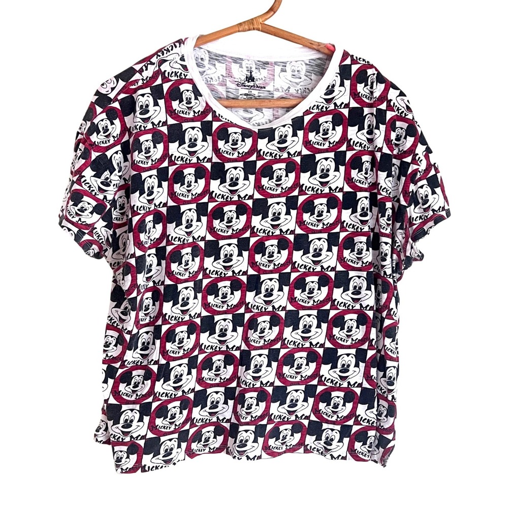 Disney Parks Mickey Mouse Club T-Shirt 2X Mens Checkerboard V-Neck White Red